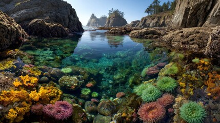Coastal sea pool rocks and anemones