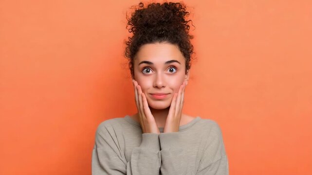 Excited young woman shows surprise against orange background