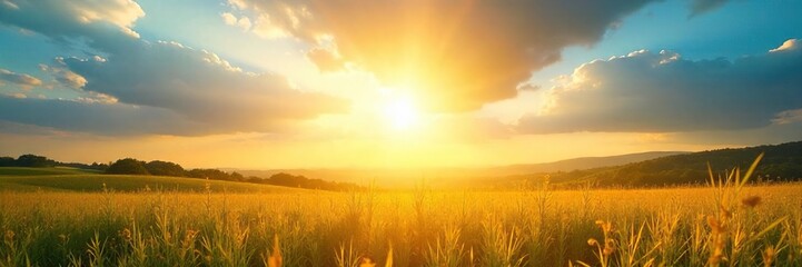 Fototapeta premium Golden sun rays burst through a vibrant, clear sky, illuminating the landscape with warmth and light Perfect for nature, summer, and energy themes , idyllic, celestial