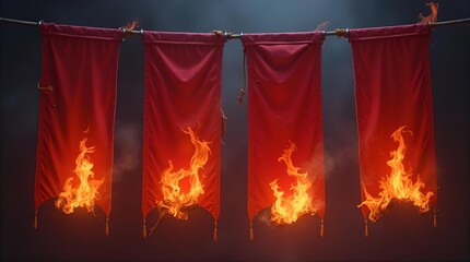 Four red banners burning fiercely with vibrant orange flames hanging in a row against a dark smoky ominous background symbolizing protest rebellion and conflict.