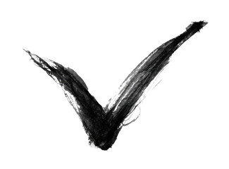 Abstract black and white V-shaped mark.  Brushstrokes create textured, dynamic form