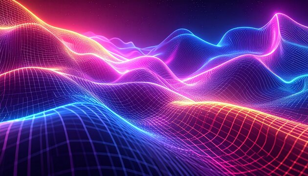 Abstract futuristic technology background with glowing neon grid landscape. Digital data visualization with flowing particles and waves in vibrant blue, pink, and purple colors. Sci-fi concept.