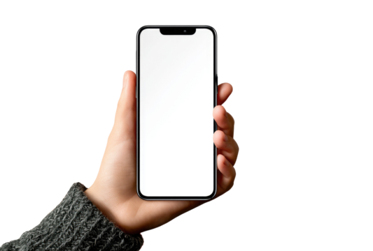 A hand holds a blank smartphone screen