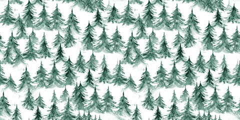 Watercolor seamless pattern with hand painting textured frosty green coniferous fir forest. Mysterious monochrome pine trees print for winter Christmas textile design, wrapping paper, surface