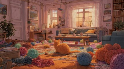Cozy living room cat among colorful yarn