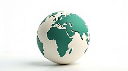 Fototapeta premium Clean minimalist green and white globe model of Earth showing continents like Africa and Europe, isolated on a bright white background. A simple, modern representation of our planet.