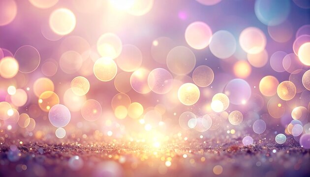 Elegant festive background image with sparkling gold and purple bokeh lights. Abstract glitter texture and soft focus circles create a magical, dreamy atmosphere for holidays or celebrations.