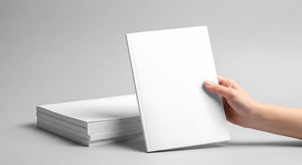 Obraz premium A hand holds a blank magazine, in front of a stack of magazines on a gray surface.