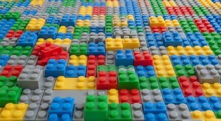 Colorful plastic building blocks arranged in a dense, intricate pattern, resembling a miniature city or abstract design.
