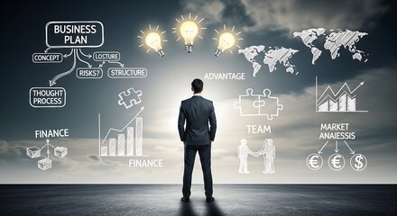 Businessman facing a projected business plan with various elements like financial projections, team collaboration, and market analysis.