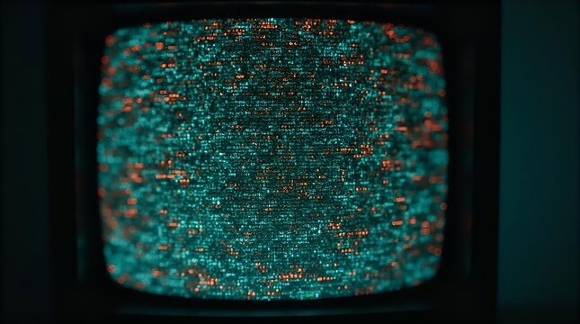 Vivid Teal and Orange Static Noise on Retro CRT Television Screen - Analog Broadcast Interference Glitch Art Background Texture - Powered by Adobe