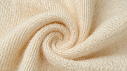 Close up of beige knitted fabric spiral with detailed yarn and soft texture