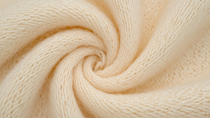 Close up of beige knitted fabric spiral with detailed yarn and soft texture