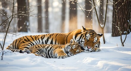 Tiger and Cub Resting in Snowy Winter Forest.