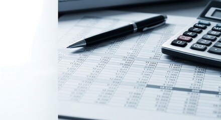 Financial documents, a pen, and a calculator on a table, suggesting business or accounting tasks.