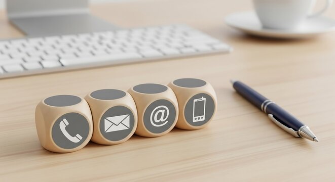 Wooden cubes with contact icons on a desk, representing communication methods like phone, email, and internet.