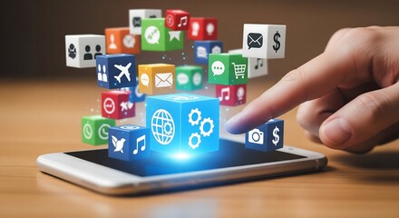 Finger touching a smartphone screen with floating app icons above it, representing digital connectivity and technology.