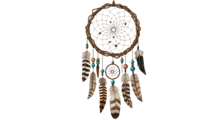 Handmade dreamcatcher with feathers and beads isolated on transparent background