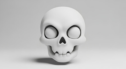 A stylized, cartoonish white skull with large, empty eye sockets, set against a plain, light gray background.