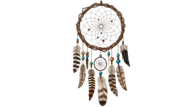 Handmade dreamcatcher with feathers and beads isolated on transparent background