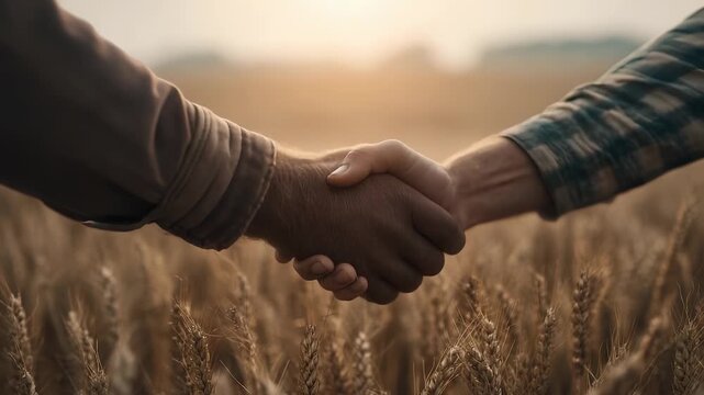 Handshake between farmer and partner in golden wheat field at sunset showing agriculture partnership and crop agreement for harvest and farm deal emphasizing rural cooperation and sustainable farming