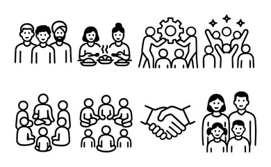 Community and unity linear icon set. featuring people, teamwork, celebration, handshake, and family symbols.