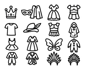Fashion silhouette icon set. featuring crown, mask, cape, dress, top, shirt, hat, jacket, butterfly, pajamas.