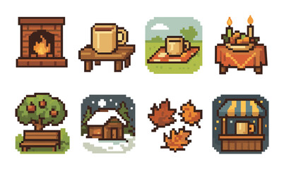 Autumn and leisure pixel icon set. featuring fireplace, coffee, picnic, dinner, tree, cabin, leaves, market.
