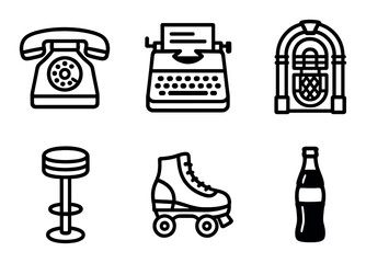 Retro nostalgia linear icon set. featuring typewriter, telephone, jukebox, stool, roller skate, and bottle.