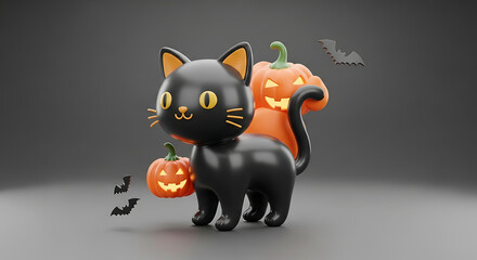 A cartoon-style black cat stands next to two carved pumpkins, with bat silhouettes floating around, all against a dark gray background.