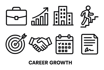 Career growth linear icon set. featuring briefcase, graph, building, stairs, target, handshake, calendar, contract.