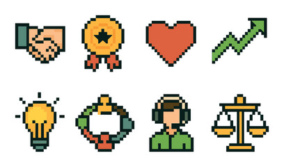 Business growth pixel art icon set. featuring handshake, medal, heart, graph, lightbulb, teamwork, headset, and scales.