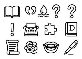 Writing and literature linear icon set. featuring book, quotes, typewriter, puzzle, dictionary, and question mark symbols.
