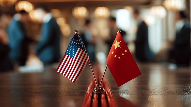 Flag display signals diplomatic table meeting with small flag set on table and blurred delegation in background conveying diplomacy negotiation business international conference leader and discussion