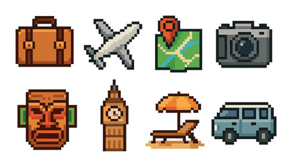 Travel and tourism pixel art icon set. featuring suitcase, plane, map, camera, mask, clock tower, beach, van.