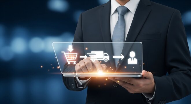 A businessman holding a digital tablet displaying e-commerce and delivery process. - Powered by Adobe