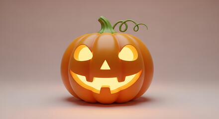Illuminated jack-o'-lantern pumpkin on a pastel background.