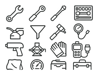 Mechanical tools linear icon set. featuring wrench, screwdriver, funnel, gloves, gauge, and toolbox.