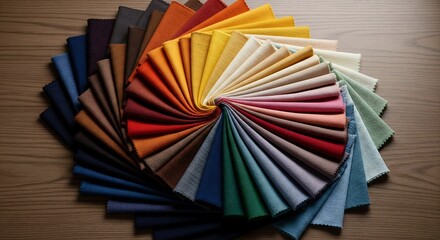 A vibrant array of colorful fabric swatches arranged in a circular fan on a wooden surface.