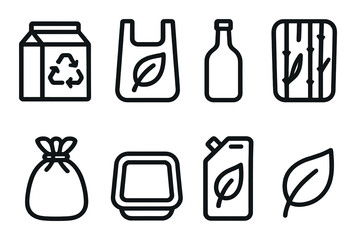 Fototapeta premium Eco-friendly linear icon set. featuring recycled, bag, bottle, bamboo, packaging, container, leaves symbols.