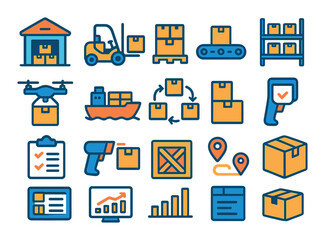 Logistics linear icons set. featuring warehouse, forklift, ship, drone, conveyor belt, delivery truck, and package symbols.