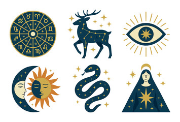 Astrology and mythology silhouette icon set. featuring zodiac signs, constellations, celestial eye, moon, snake, and divine figure.