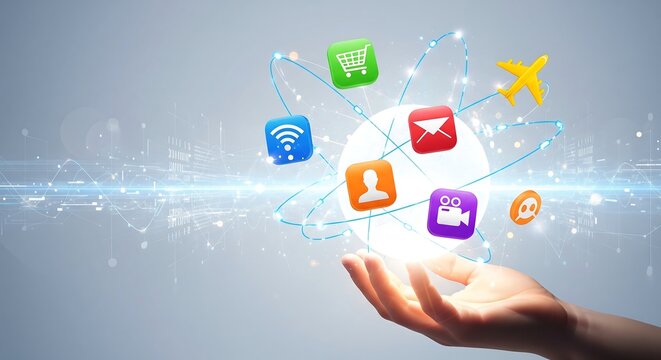 Hand holding a glowing orb showcasing interconnected app icons, symbolizing global digital connectivity and mobile technology.