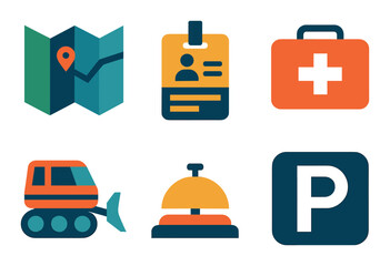 Travel and hospitality flat icon set. featuring map, id, first aid, snowcat, bell, and parking symbols.