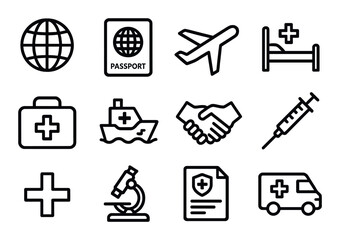 Travel and healthcare linear icon set. featuring globe, passport, airplane, bed, suitcase, ship, handshake, syringe.