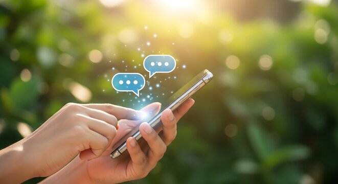 A person's hands using a smartphone with digital messaging bubbles floating above the device.