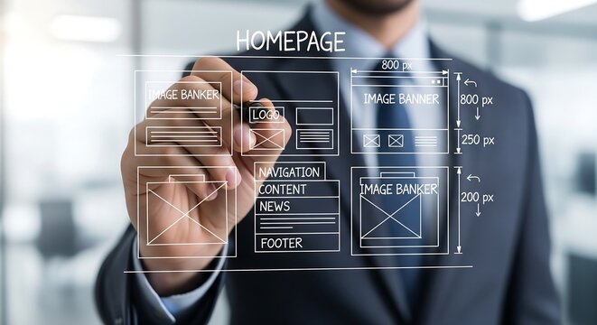 Man in suit drawing a website homepage wireframe on a transparent screen, planning design.