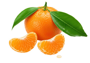 Isolated mandarin orange with leaves and segments offering a vibrant citrus freshness
