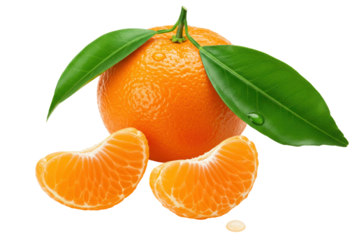 Isolated mandarin orange with leaves and segments offering a vibrant citrus freshness