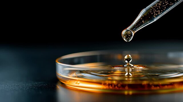 Drop is falling into petri dish with cosmetic or medical liquid in slow motion. Dermatology science laboratory. Concept of natural medicine or cosmetic research and organic skin or body care products